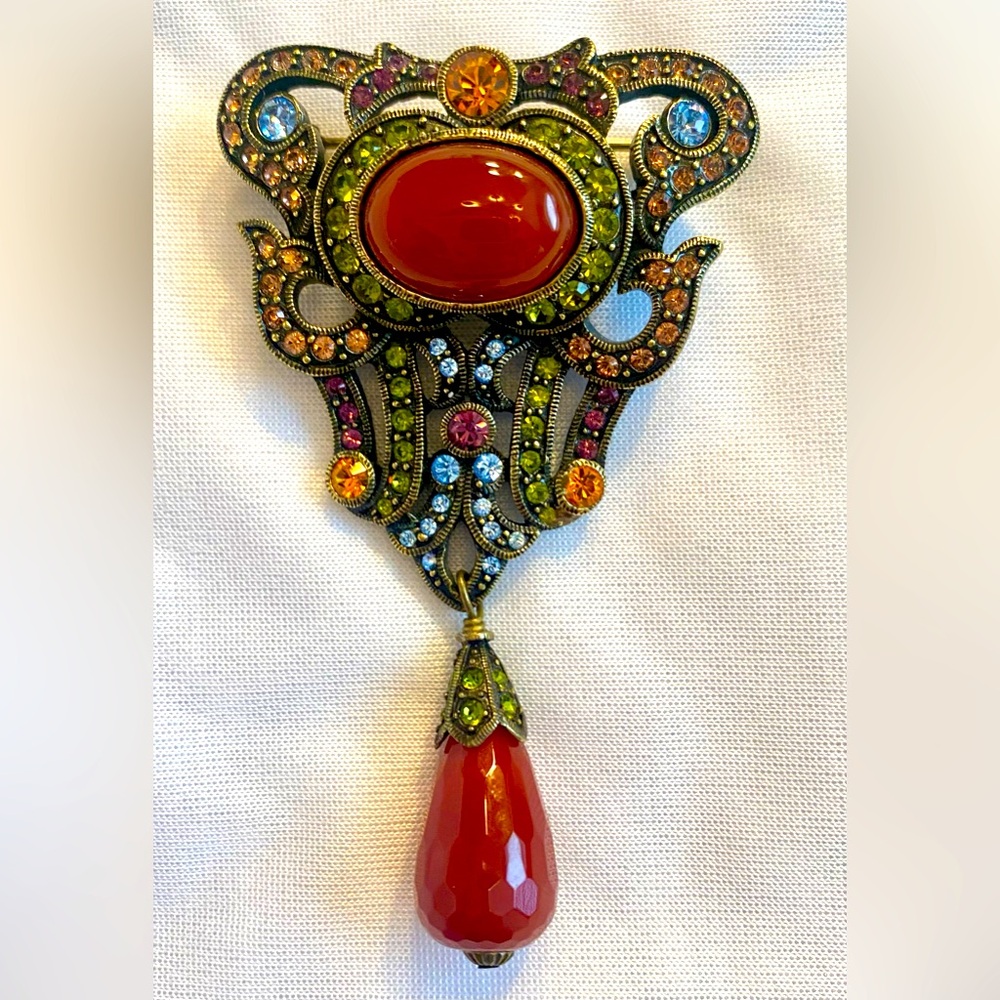 La Vintage Collection antiqued rhinestone Victorian style brooch w hanging charm